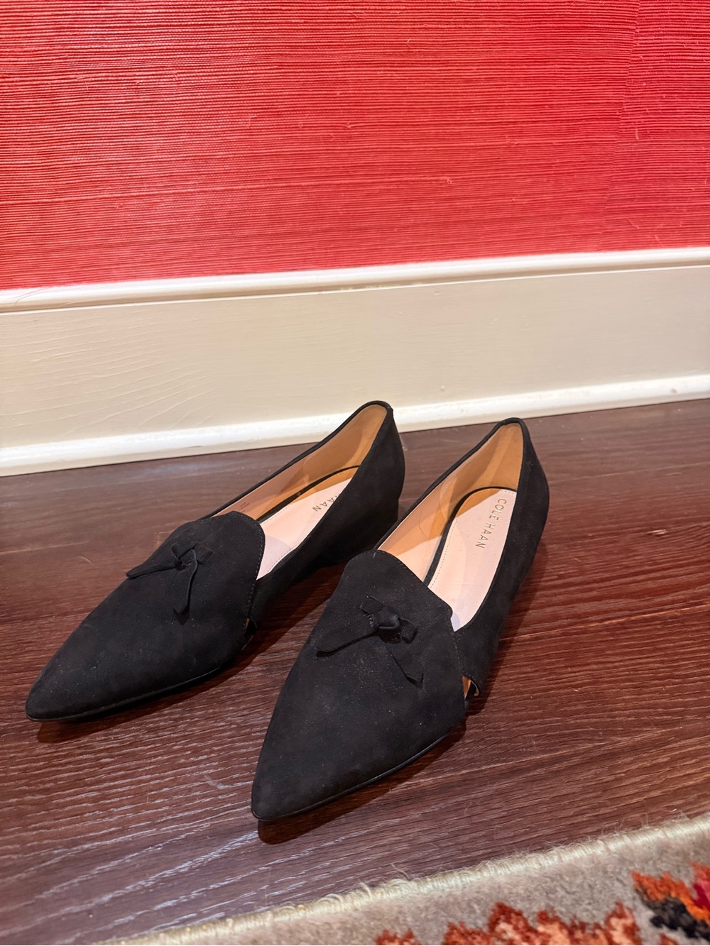 Cole Haan Pointed Toe Black Suede Flats with Bow
